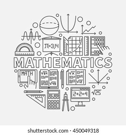 Mathematics round illustration. Vector math or algebra symbol made with thin line mathematical icons