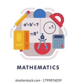 Mathematics School Subject Icon, Education and Science Discipline with Related Elements Flat Style Vector Illustration