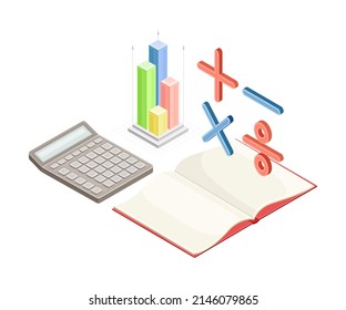 Vorräte an Mathematikschulen. isometrische Vektorgrafik von Notebook und Taschenrechner