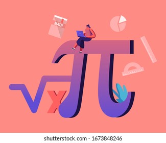 Mathematics Science and Algebra Concept. Tiny Student Female Character with Laptop Sitting on Huge Sign Pi and Formula Root Symbol. University and High School Education. Cartoon Vector Illustration