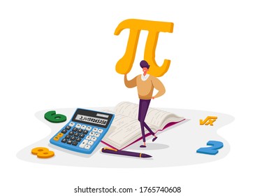 Mathematics Science and Algebra Concept. Tiny Student Male Character Carrying Huge Sign Pi with Digits, Textbook, Formula Root Symbol. University and High School Education. Cartoon Vector Illustration