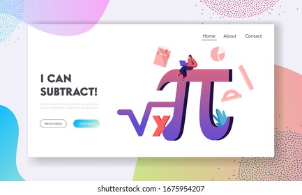 Mathematics Science and Algebra Landing Page Template. Tiny Student Female Character with Laptop Sitting on Huge Sign Pi and Formula. University and High School Education. Cartoon Vector Illustration