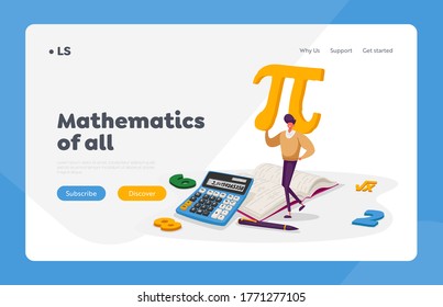 Mathematics Science and Algebra Landing Page Template. Tiny Student Male Character Carry Huge Sign Pi with Digits and , Textbook. University and High School Education. Cartoon Vector Illustration