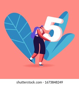 Mathematics Science Concept. Happy Smiling Girl Student Character Carry Huge Number Five in Hands. Excellent Test or Exam Result, Higher Education in College or University. Cartoon Vector Illustration