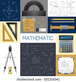 Mathematics science concept with rulers copybook compass pencils calculator formulas and diagrams isolated vector illustration