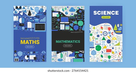 Mathematics Science Flyer Set. Line Schoolboard Background. Vector Illustration of Education Concept. Maths Banner Sign.