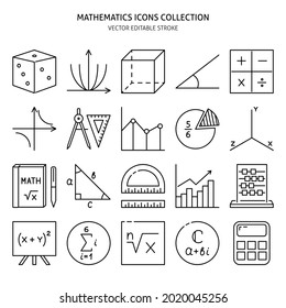 Mathematics science icon set in line style. Math symbols collection. Vector editable illustration.