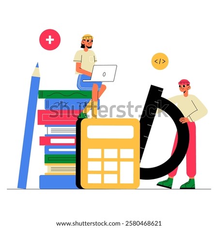Mathematics And Science Study Tools With Students In Flat Vector Illustration Symbolizing STEM Education, Learning, And Problem Solving, Isolated On White Background.