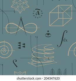 Mathematics seamless pattern with functions and geometric shapes and various mathematical symbols vector