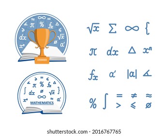 Mathematics: a set of two emblems and a set of arithmetic symbols. Illustration for school and university lectures, students and teachers, math . Isolated on white flat cartoon vector.