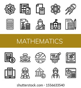 mathematics simple icons set. Contains such icons as Nanotechnology, Calculator, Abacus, Architect, Physics, School, Mathematician, Equator, can be used for web, mobile and logo
