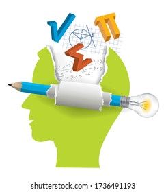 Mathematics, Smart solutions. 
Stylized Male Head silhouette with mathematics symbols and pencil with bulb. Vector available.