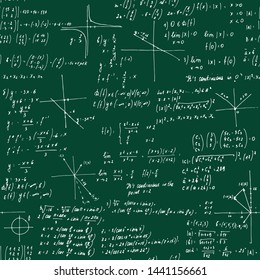 Mathematics solutions. Seamless texture. School blackboard with the formulas and equations. 