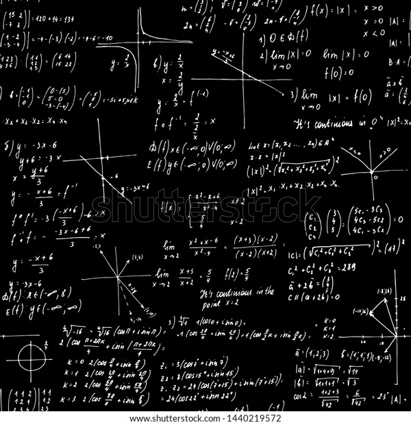 Mathematics solutions. Seamless texture.
School blackboard with the formulas and equations.
