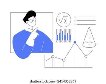 Mathematics and statistics isolated cartoon vector illustrations. Mathematical statistics master student in the classroom, collecting data, formulas on the blackboard vector cartoon.
