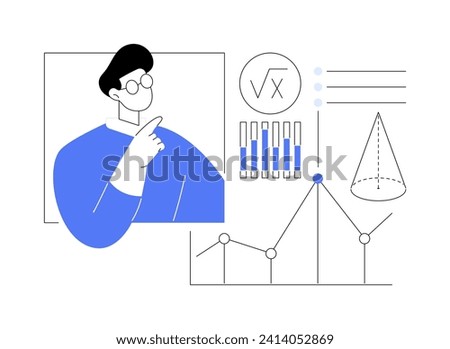 Mathematics and statistics isolated cartoon vector illustrations. Mathematical statistics master student in the classroom, collecting data, formulas on the blackboard vector cartoon.