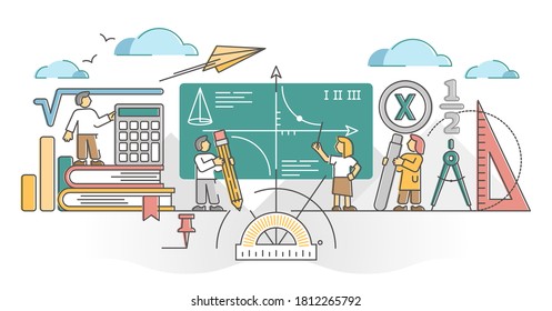 Mathematics study as algebra, math and geometry education outline concept. Learning knowledge about numbers, figures, equations, formulas and measurements vector illustration. Teacher with pupil scene