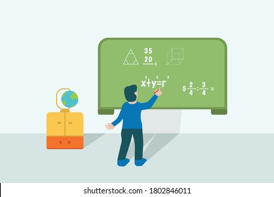 Mathematics study vector concept: back view of a boy writing mathematics formulas on the chalkboard