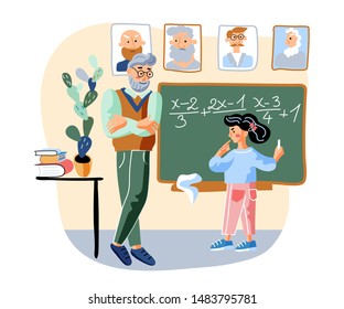 Mathematics subject flat vector illustration. Little girl and old teacher in classroom cartoon characters. Elementary grade, school education. Schoolgirl solving equation, math problem with tutor