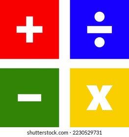 Mathematics symbol for students in the schools. Calculator symbols in red, green, blue and yellow colors.