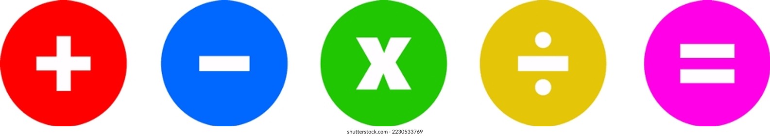 Mathematics symbol for students in the schools. Calculator symbols in red, green, blue, purple and yellow colors. Simple Plus, minus, multiple, devide, equal.