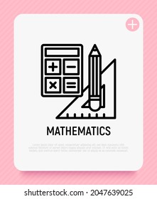 Símbolo matemático icono de línea delgada: calculadora, lápiz, regla triangular. De vuelta a la escuela. Ilustración vectorial.