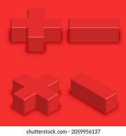 Mathematics symbols red color 3d creative isometric shape, plus minus multiply divide set math signs for arithmetic calculator.