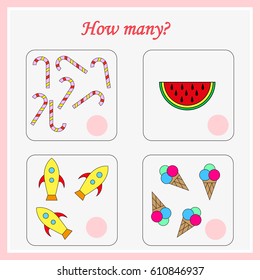 Mathematics task. How many objects. Learning mathematics, numbers. Tasks for addition (counting) for preschool kids, children