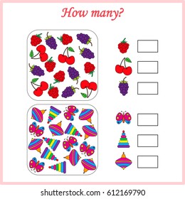 Mathematics task. How many objects. Learning mathematics, numbers. Tasks for addition (counting) for preschool kids, children