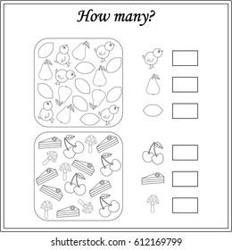 Mathematics task. How many objects. Learning mathematics, numbers. Tasks for addition (counting) for preschool kids, children