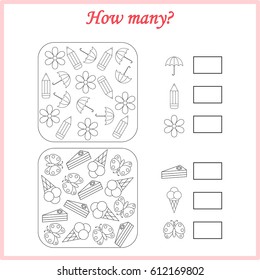 Mathematics task. How many objects. Learning mathematics, numbers. Tasks for addition (counting) for preschool kids, children