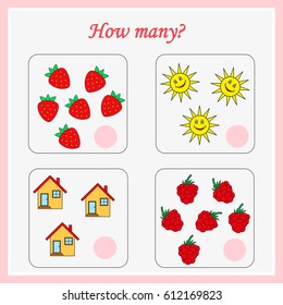 Mathematics task. How many objects. Learning mathematics, numbers. Tasks for addition (counting) for preschool kids, children