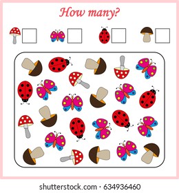 Mathematics task. How many objects. Learning mathematics, numbers. Tasks for addition (counting) for preschool kids, children. worksheet for preschool kids.