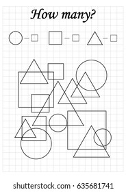 Mathematics task. How many objects. Learning mathematics, numbers. A4 worksheet for preschool kids.