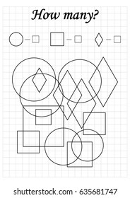 Mathematics task. How many objects. Learning mathematics, numbers. A4 worksheet for preschool kids.