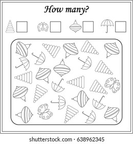 Mathematics task. How many objects. Learning mathematics, numbers. Tasks for addition (counting) for preschool kids, children. worksheet for preschool kids.