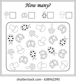 Mathematics task. How many objects. Learning mathematics, numbers. Tasks for addition (counting) for preschool kids, children. worksheet for preschool kids.