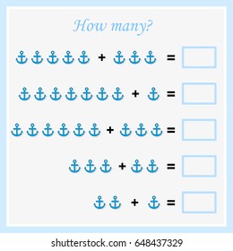 Mathematics task. How many objects. Learning mathematics, numbers. Tasks for addition (counting) for preschool kids, worksheet for children