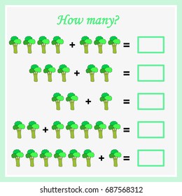 Mathematics task. How many objects. Worksheet.  Learning mathematics, numbers. Tasks for addition (counting) for preschool kids, children