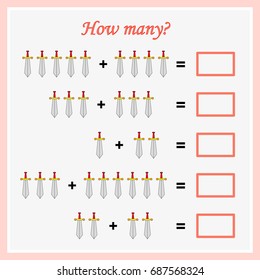 Mathematics task. How many objects. Worksheet.  Learning mathematics, numbers. Tasks for addition (counting) for preschool kids, children