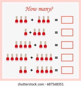 Mathematics task. How many objects. Worksheet.  Learning mathematics, numbers. Tasks for addition (counting) for preschool kids, children