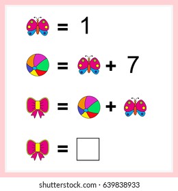 Mathematics task.  Learning mathematics, tasks for addition  for preschool  children. worksheet for preschool kids - vector