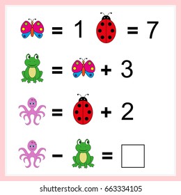Mathematics task.  Learning mathematics, tasks for addition  for preschool  children. worksheet for preschool kids - vector