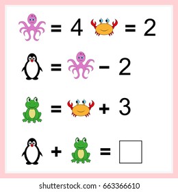 Mathematics task.  Learning mathematics, tasks for addition  for preschool  children. worksheet for preschool kids - vector