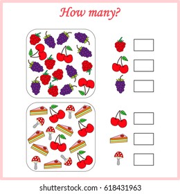 Mathematics task, worksheet. How many objects. Learning mathematics, numbers. Tasks for addition (counting) for preschool kids, children