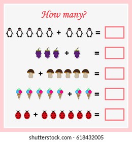 Mathematics task, worksheet. How many objects. Learning mathematics, numbers. Tasks for addition (counting) for preschool kids, children