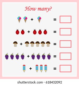 Mathematics task, worksheet. How many objects. Learning mathematics, numbers. Tasks for addition (counting) for preschool kids, children