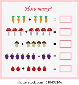 Mathematics task, worksheet. How many objects. Learning mathematics, numbers. Tasks for addition (counting) for preschool kids, children
