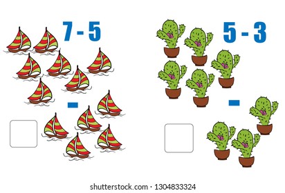Mathematics tasks for children. Puzzles for children. Learn to count. Workbook on mathematics for preschool education.  Solve examples. Preparation for school.