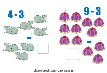 Mathematics tasks for children. Puzzles for children. Learn to count. Workbook on mathematics for preschool education.  Solve examples. Preparation for school.
